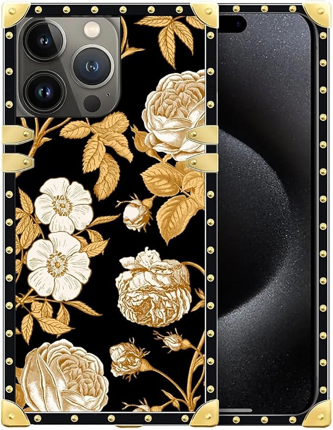 Compatible with iPhone 16 Pro Max Case, Blooming Rose Golden Flower Luxury Golden Decoration for Girl Women Soft TPU Shockproof Protective Hard PC Back for iPhone 16 Pro Max