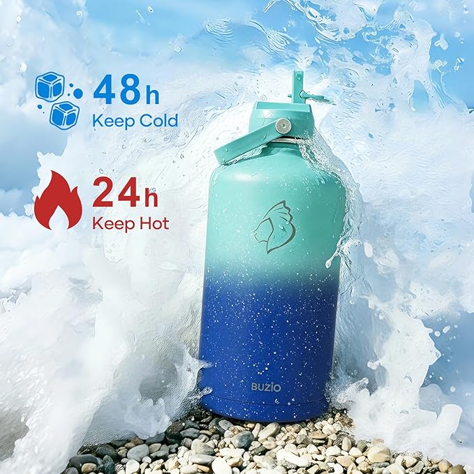BUZIO 1 Gallon Water Jug with Straw Lid, 128oz Water Bottle Stainless Steel Triple Wall Hydro Jug 18/8 Food Grade Thermo Mug Keep Cold 48H & Hot 24H, Starry Gradient Blue