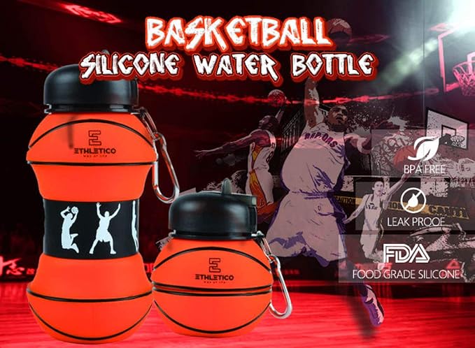 Collapsible Water Bottles with Carabiner Food Grade Sports Water Bottle for Gift Kids Folding Water Bottle for Hiking, School, GYM, Sports and Travelling 19 Oz/550ml (Basketball)