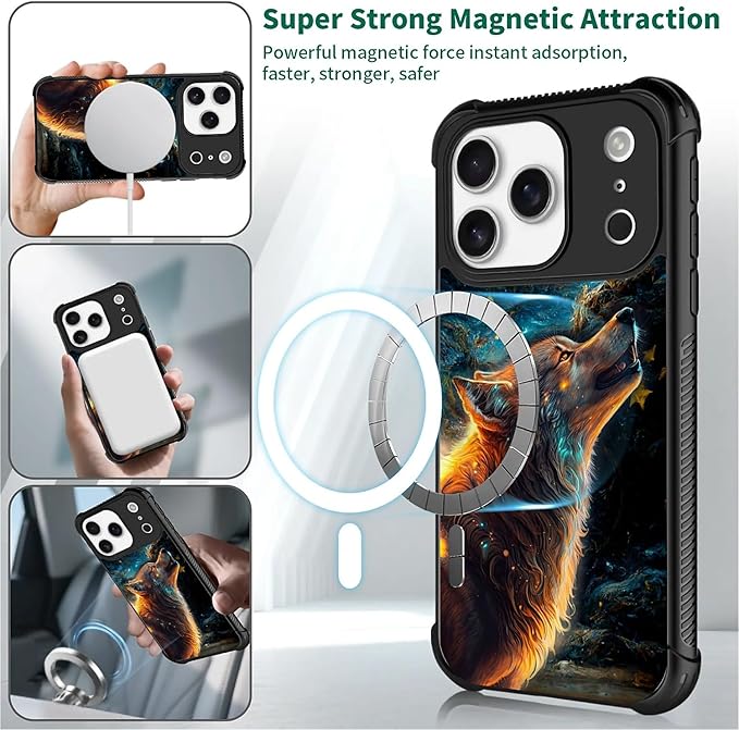 for iPhone 17 Pro Case,for MagSafe Graphic Design for Girl Boy Soft Silicone Hard Acrylic Shock Protection Designed for iPhone 17 Pro Star Cave Hungry Wolf Pattern