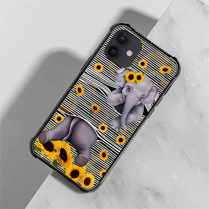 for iPhone 12/12 Pro Case, Cute Little Elephant Sunflower White Line Art Pattern Graphic Design Girl Boy Soft Silicone Hard Acrylic Shock Protection for iPhone 12/12 Pro