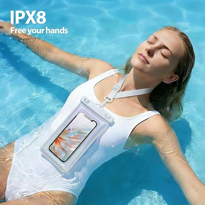 Floatable Waterproof Phone Pouch Case for iPhone 17 16 Pro Max/15/14, IP68 Travel Cellphone Dry Bag Beach Cruise Ship Essentials Bags with Crossbody Lanyard, Pearlescent - 7″