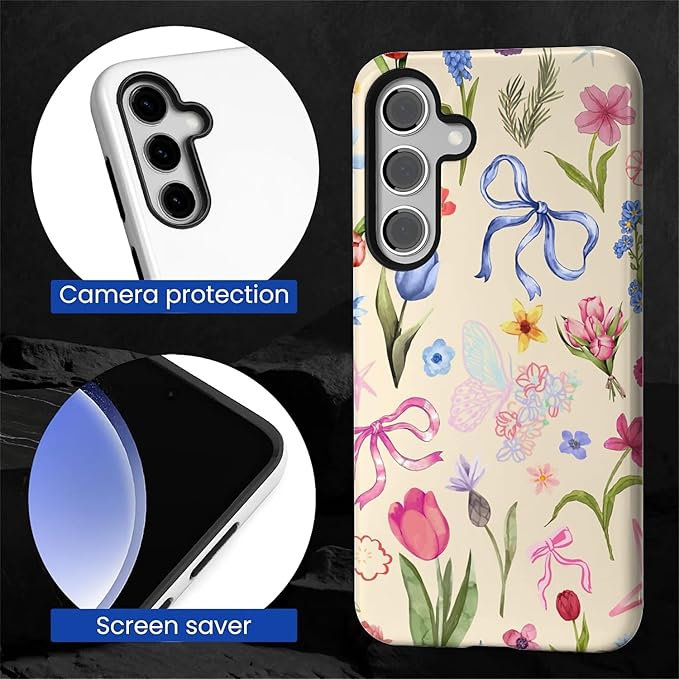 for Samsung Galaxy S24 FE Case,HL2 Aesthetic Flower Preppy Collage Hybrid 2 Layer Hard Shell Silicone Protective Pattern Design Case