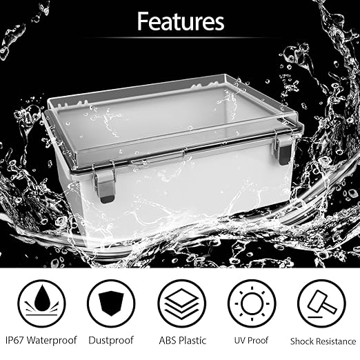 LeMotech Electrical Box, IP67 Waterproof Hinged Clear Cover Stainless Steel Latch Junction Box, ABS Plastic Electrical Enclosure with Mounting Plate,Wall Brackets, Cable Glands,13.8"x9.8"x5.9", Grey