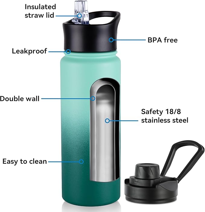16 oz Insulated Water Bottle with Straw Lids, Stainless Steel Kids Water Bottles for School, Double Wall Vacuum Metal Water Bottle with Straw & Wide Mouth Lid, Gradient Green 1 Pack