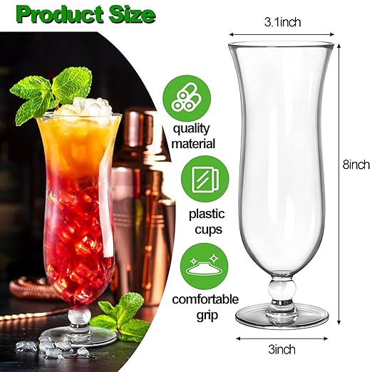 Yesland 6 Pack Hurricane Glass - 13.5 oz Break-Resistant Plastic Pina Colada Cocktail Glasses Clear Tulip Drinking Cups for Drinking Cocktails, Tropical Drinks, Water Full-Bodied Beer, Juice