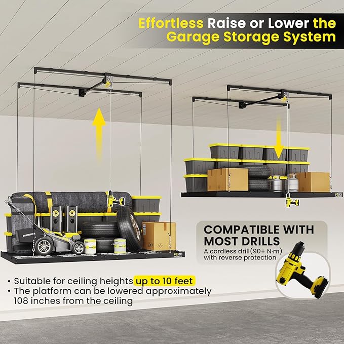FERO Overhead Garage Storage Rack, 500 lb Capacity, 4x8 FT Garage Ceiling Storage Rack with Safety Lock, Heavy-Duty Ceiling Mounted Lift System, Drop-Down Garage Ceiling Organizer