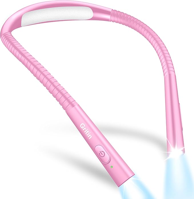 Gritin Book Light, Eye Caring 4-Color & 5-Brightness Neck Light Reading Light- Stepless Dimming,30-min Timer,80+ Hrs Runtime,Bendable Round Neck Design, Lightweight for Reading-Rose