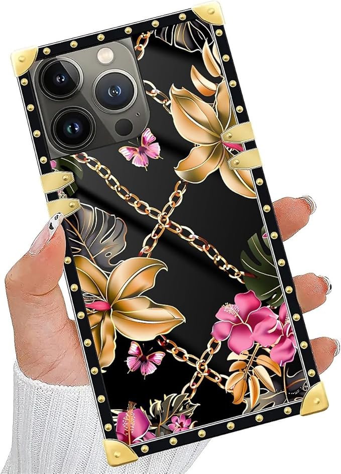 Compatible with iPhone 14 Pro Max Case, Pink Golden Chain Tropical Flower Luxury Golden Decoration for Girl Women Soft TPU Shockproof Protective Hard PC Back for iPhone 14 Pro Max