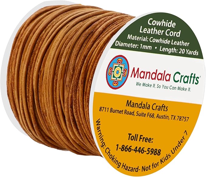Mandala Crafts Round Cowhide Genuine Rust Leather Cord for Jewelry Making Kumihimo Leather Rope Spool - Rust String Lace - 20 Yds 1mm Cording