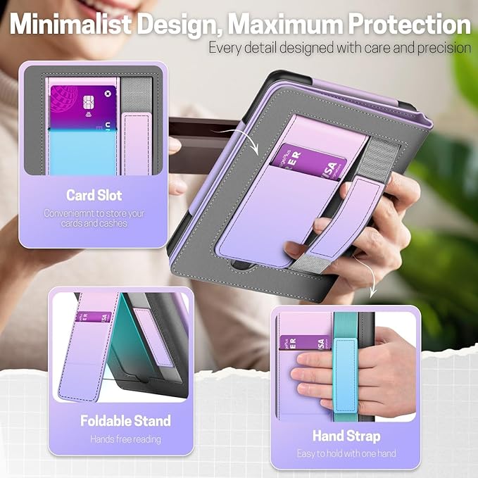 TNP Stand Case for Kindle Paperwhite 12th Generation 2024 / Kindle Colorsoft Signature Edition with Hand Strap & Card Slot - 7" PU Leather Protective Folio Cover with Auto Wake/Sleep, Pink Purple