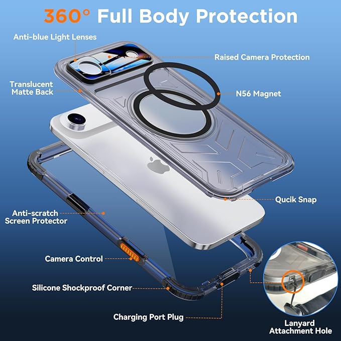 WIFORT for iPhone 17 Air Waterproof Case, [Fit for Magsafe] with Sapphire Lens & Screen Protector, IP68 Full Body 15FT Military Shockproof, Magnetic Frosted Phone Cover with Lanyard, 6.5" Black