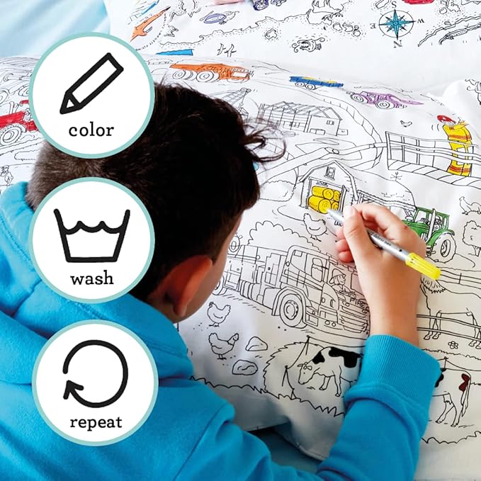 eatsleepdoodle 30x20in White Cotton Pillowcase with 10 Pack Washable Markers for Kids - Cars & Trucks Coloring Activity