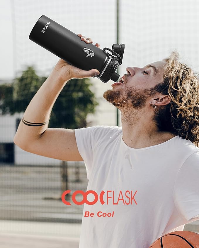 Coolflask Water Bottle 20 oz Insulated with Straw, Stainless Steel Metal 3 Lids Water Flask Wide Mouth for Sports or Office, Non-BPA Keep Cold Up to 48 Hrs or Hot Up to 24 Hrs, Magic Black