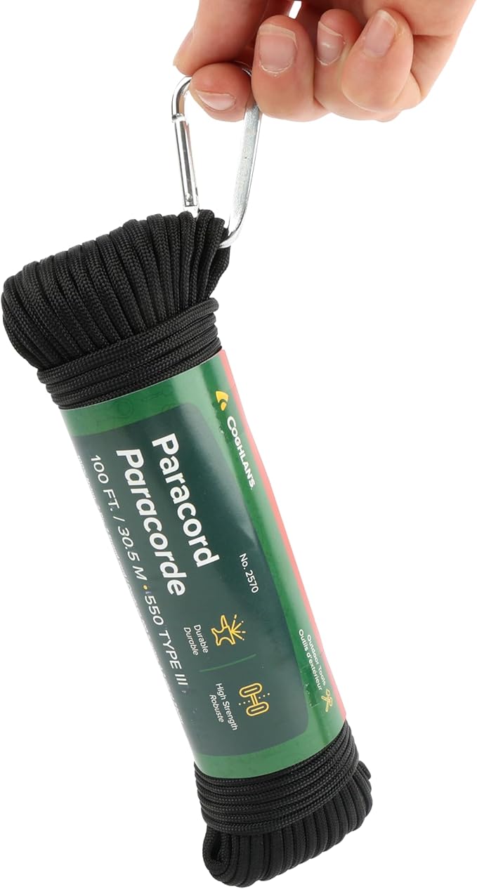 Coghlan’s Paracord 100 ft – Type III 550 Nylon Cord, 7-Strand Core, 550 lb Strength – for Camping, Survival, Outdoor Use – Black