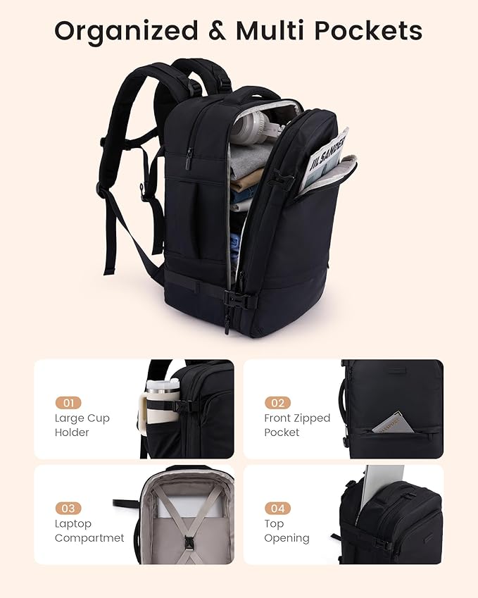 LOVEVOOK Travel Backpack for Women & Men, Carry On Backpack with Cup Holder, Personal Item Travel Bag Flight Approved with Padded Laptop Compartment, Weekender Daypack With 2 Cubes, 18 Inch Black