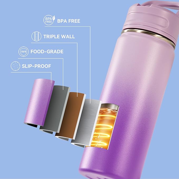 Fijinhom 24oz Insulated Stainless Steel Water Bottle with Straws, Double Wall Vacuum Insulated Bottles, Metal Thermo for Travel, Sports, Leak-Proof, BPA Free, Women & Men, Purple Gradient