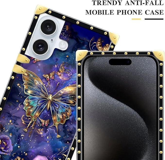 Compatible with iPhone 16 Case, Glistening Golden Butterfly Vibrant Purple Blue Luxury Golden Decoration for Girl Women Soft TPU Shockproof Protective Hard PC Back
