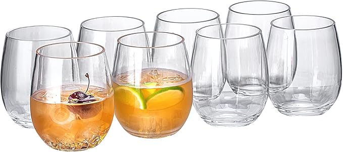 18oz Clear Stemless Wines Cups (Set of 8), Shatter-Proof Acrylic Glasses Drinkware, Reusable Plastic Bar Glasses, BPA-Free, Dishwasher-Safe