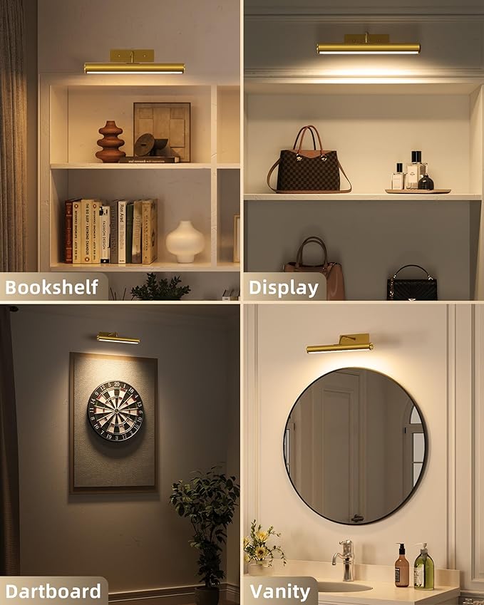 EZVALO Wireless Picture Light for Wall, 13 Inch 4000mAh Rechargeable Battery Painting Light with Remote, 3 Color Temps Dimmable Gold LED Art Light for Gallery, Living Room, Hallway