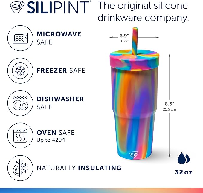 Silipint: 32oz Silicone Straw Tumbler, Unbreakable, Non-Toxic, Dishwasher Safe - Pack of 4