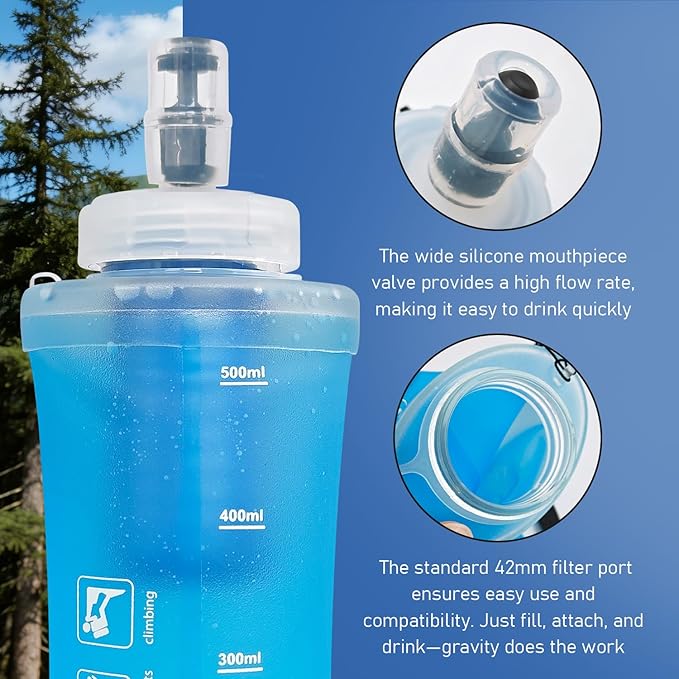 700ML Collapsible Water Bottle with Filter for Hiking, Camping & Travel - TPU Soft Flask, 0.1 Micrometer Hollow Fiber Membrane for Clearer, Better Tasting Outdoor Water(Blue)