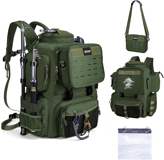 Goture Fishing Backpack, 900D Water-Resistant Tackle Backpack with Rod Holders, 58L Large Storage Gear Fishing Tackle Bag with Detachable Crossbody Bag,8 Lure Pockets,Bottle Holder for Camping Hiking