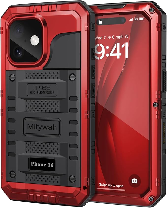 Mitywah Waterproof Case for iPhone 16, Shockproof Heavy Duty Case with Built-in Screen Protector, Underwater Full Body Protective Metal Case 6.1 inch, Red