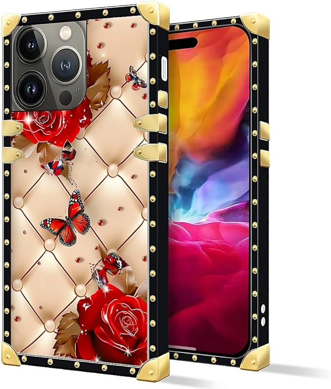 Compatible with iPhone 15 Pro Max Case, Shining Red Rose Butterfly Leather Background Luxury Golden Decoration for Girl Women Soft TPU Shockproof Protective Hard PC Back