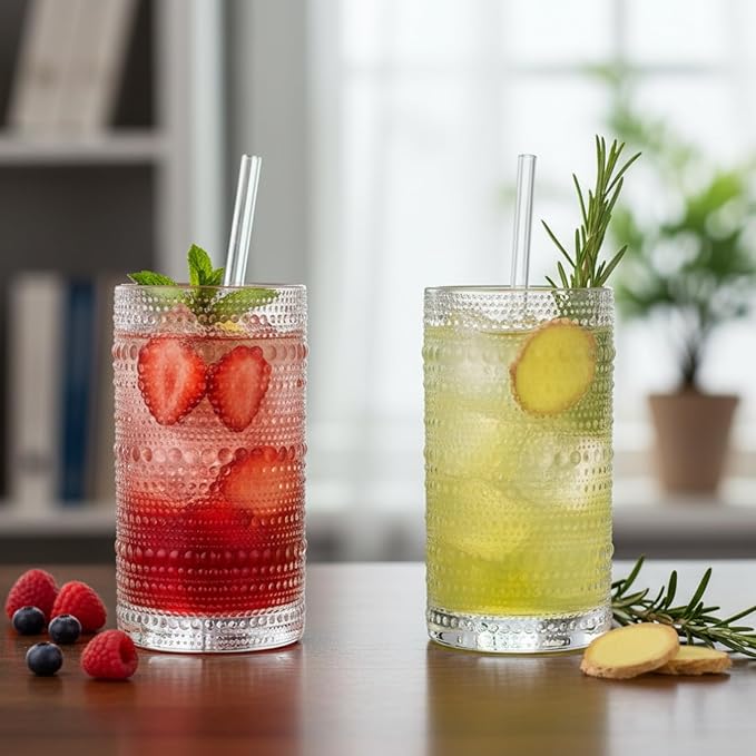 12-Piece Hobnail Drinking Glasses Set, 12 oz Large Vintage Highball Glassware with Straws, Heavy Textured Beaded Tall Tumblers for Water, Juice, Soda & Cocktails, Clear Retro Barware, Dishwasher Safe
