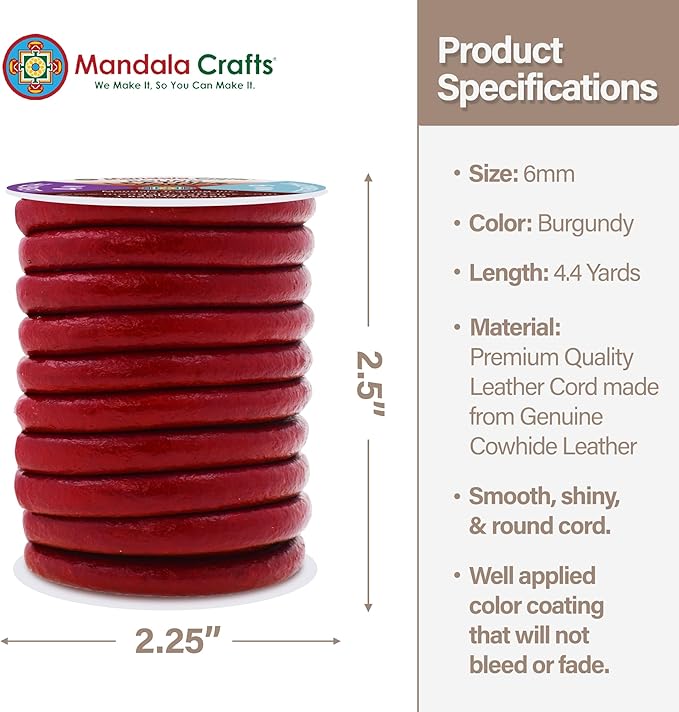 Mandala Crafts Round Genuine Burgundy Leather Cord for Jewelry Making – 6mm Cowhide Leather Rope String Lace for Kumihimo – 4.4 Yards Cowhide Craft Cording Spool