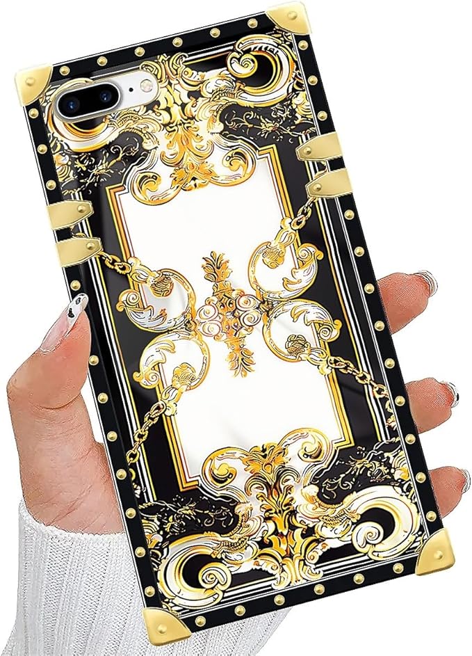 Compatible with iPhone 8 Plus 7 Plus Case, Gold Grain Flowers Luxury Golden Decoration for Girl Women Soft TPU Shockproof Protective Hard PC Back for iPhone 8 Plus 7 Plus