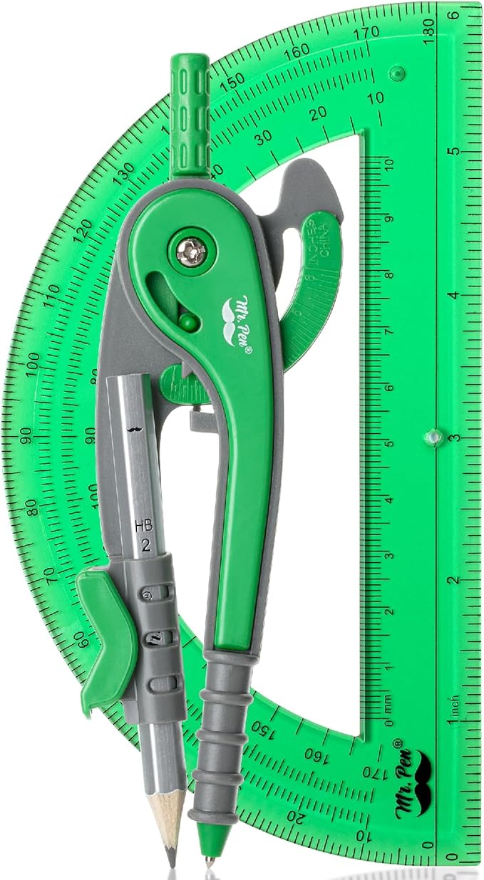 Mr. Pen- Geometry Compass and Protractor Set, 6 Inch Compass, 6 Inch Protractor, Drawing Tool for School, Clear Plastic, Easy Grip, Precision Design for Math, Art, Drafting, Architecture