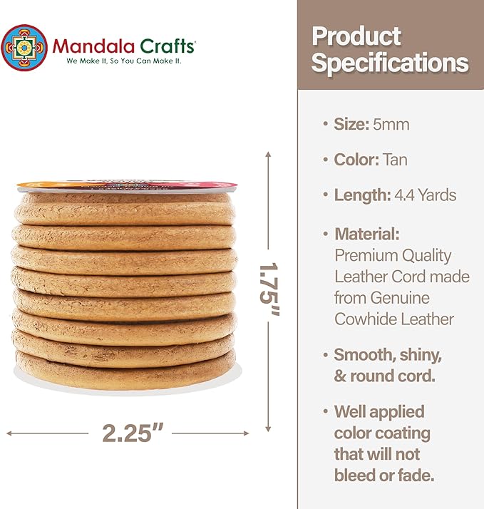 Mandala Crafts Round Genuine Tan Leather Cord for Jewelry Making – 5mm Cowhide Leather Rope String Lace for Kumihimo – 4.4 Yards Cowhide Craft Cording Spool