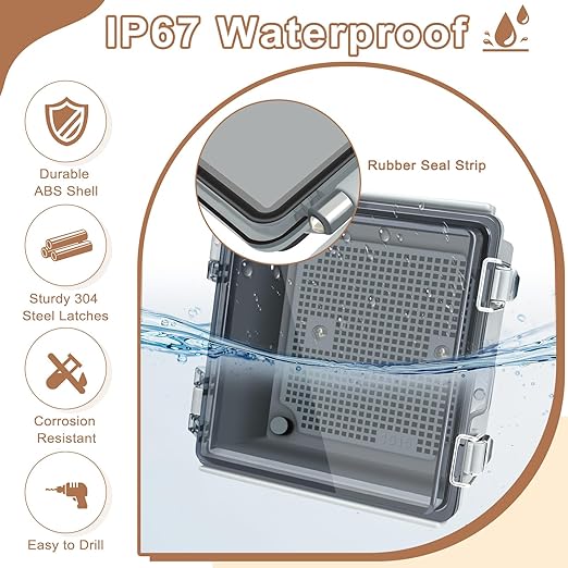 Nineleaf IP67 Waterproof Electrical Junction Box, 5.9"x5.9"x3.5" ABS Plastic Enclosure with Clear Hinged Cover, Mounting Plate, Cable Glands for Outdoor Router, Solar, CCTV, DIY Projects
