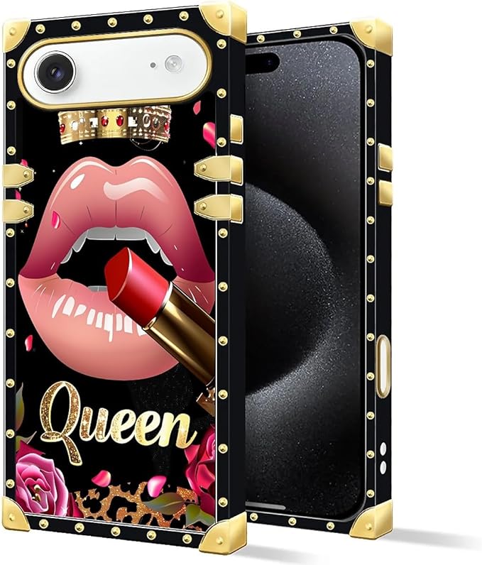for iPhone 17 Air Case Luxury Golden Decoration for Girl Women Soft TPU Shockproof Protective Hard PC Back for iPhone 17 Air Crazy Pattern Glitter Red Rose Queen Leopard Lipstick