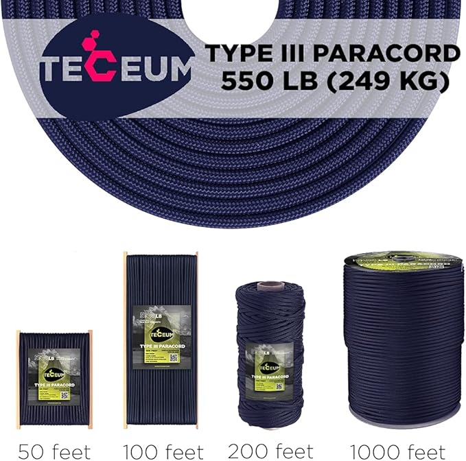 TECEUM Paracord Type III 550 Navy Blue – 1000 ft – 4mm – Tactical Rope MIL-SPEC – Outdoor para Cord –Camping Hiking Fishing Gear and Equipment – EDC Parachute Cord – Strong Survival Rope 038