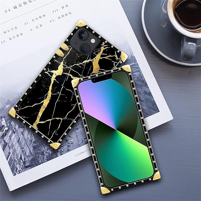 Compatible with iPhone 13 Case, Black Gold Marble Nature Luxury Golden Decoration for Girl Women Soft TPU Shockproof Protective Hard PC Back for iPhone 13