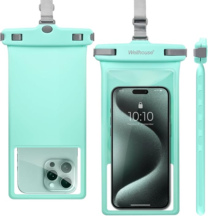 wellhouse Waterproof Phone Pouch, Waterproof Phone Case for iPhone 17 16 15 14 13 Pro Max XS Samsung, IPX8 3D Cellphone Dry Bag Beach Essentials (1 Pack - Crystal Green8.0, 8 inch)
