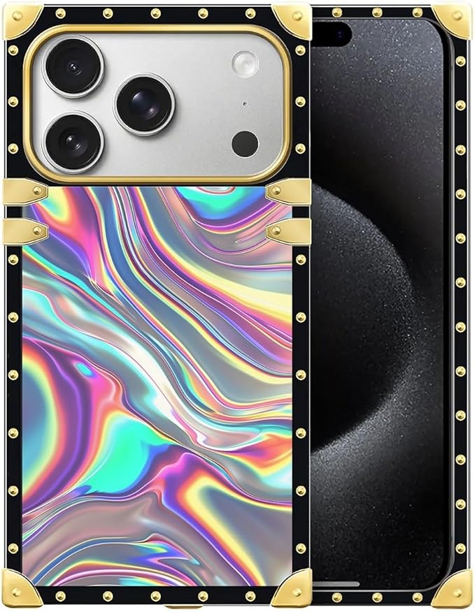for iPhone 17 Pro Max Case Luxury Golden Decoration for Girl Women Soft TPU Shockproof Protective Hard PC Back for iPhone 17 Pro Max Crazy Pattern Holographic Abstract Iridescent Textures