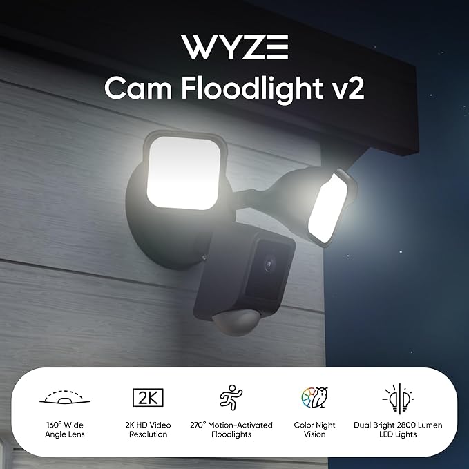 WYZE Floodlight Camera v2, Security Camera Outdoor, 2K HD with Color Night Vision, 2800-Lumen LEDs, 160° Wide View, 105dB Siren, Works with Alexa & Google Assistant, Wired, Free Expert Support