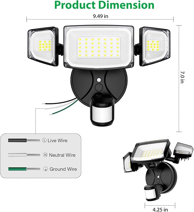 iMaihom 65W 6500LM LED Security Lights Motion Sensor Light Outdoor, 6500K Daylight, IP65 Waterproof, Dusk to Dawn, Hardwired 3-Head Motion Detected Flood Light for Garage, Yard, Porch (Black, 2 Pack)