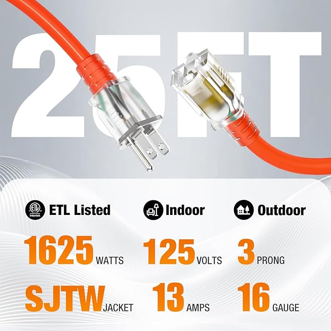 25 FT Outdoor Extension Cord Waterproof, 16/3 Gauge Heavy Duty 3 Prong Power Cord with Lighted Indicator End, 13A 125V 1625W SJTW, ETL Listed, Great for Lawn/Garden/Home(Orange)