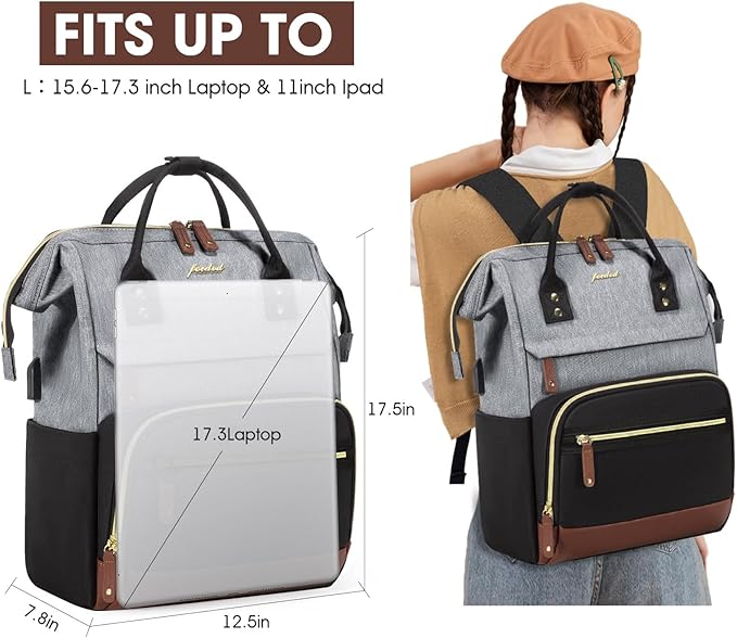 Focdod Laptop Backpack 17.3 Inch Womens Professional Purse Computer Bag Nurse Teacher Backpack College Work Bags Carry on Travel Back Pack with USB Port Black-Grey-Brown