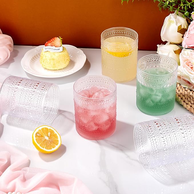 18PCS Plastic Hobnail Drinking Glasses - 14 Oz Clear Vintage Glasses Mixed Drinkware Sets - Disposable Beaded Cups for Beer, Whiskey, Juice, Cocktail, Wine, Party