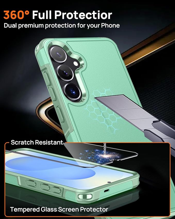 Lanhiem for Samsung Galaxy S25 S24 Phone Case with Tempered Glass Screen Protector, Shock Absorption, Anti-Scratch Shockproof Case Cover for Samsung S25 S24, Green