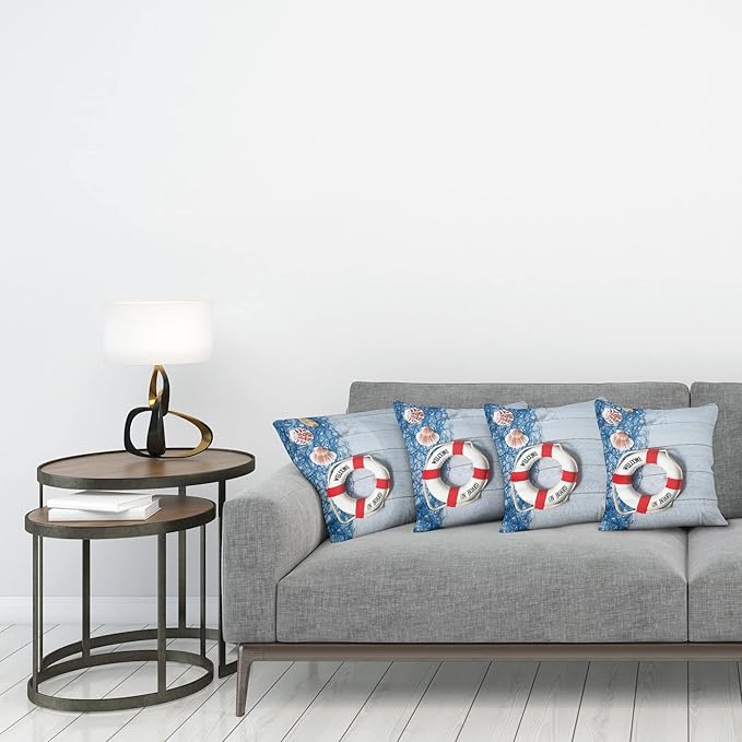 Ambesonne Coastal Throw Pillow Cushion Case Pack of 4, Welcome on Board Message on Life with Fishing Net Seashell Wood Floor of Boat, Modern Accent Double-Sided Digital Printing, 24", Dust Blue