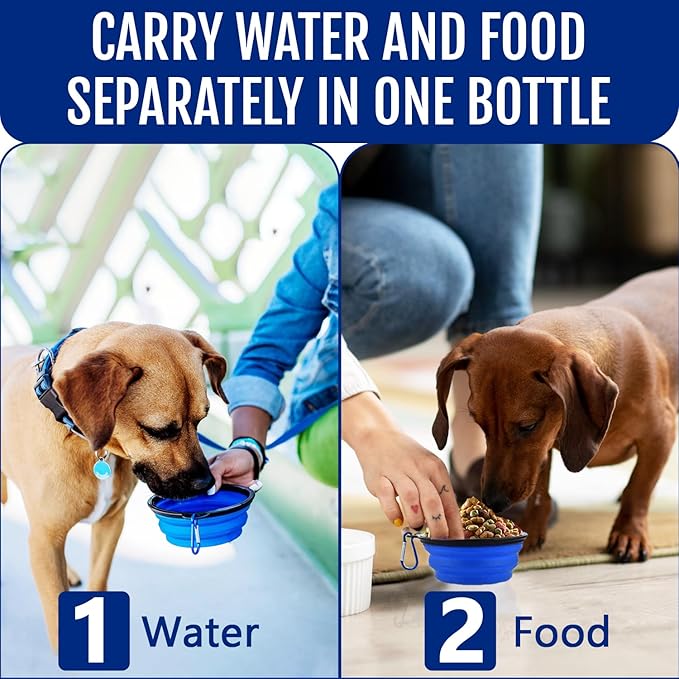 Dog Travel Water Bottle W/Collapsible Bowls - Portable 2 in 1 Leakproof Pet Water Bottle Food Container Ideal for Travel, Outdoor Portable Water Bowls for Walking, Camping & Hiking - (Blue)