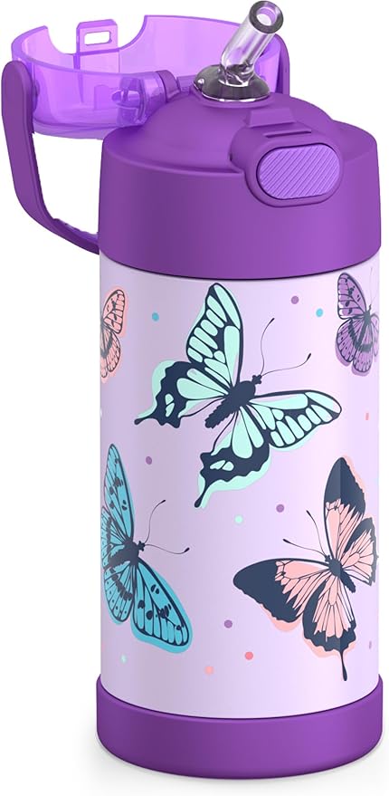 THERMOS FUNTAINER Water Bottle with Straw - 12 Ounce - Kids Stainless Steel Vacuum Insulated Water Bottle with Lid, Butterfly Frenzy