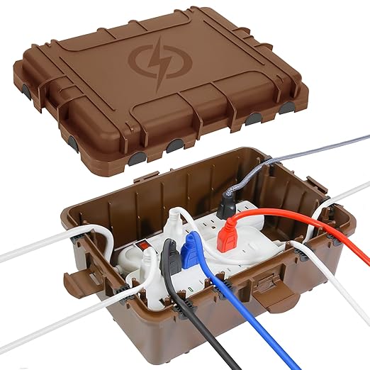 Waterproof Electrical Box, Large Outdoor Extension Cord Covers Waterproof, 8 Cable Seal Entry Weatherproof, IP54 Protect Power Strip, Timer Outlet Plug, Socket, Holiday Light Decoration (Brown)